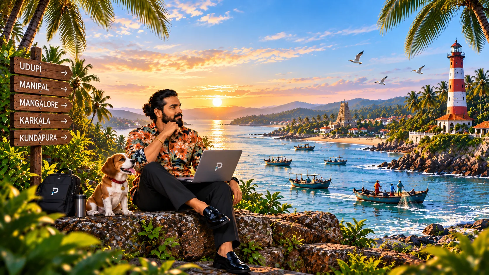 Illustration of a developer working on a laptop on the Coastal Karnataka shore, with fishing boats, palms and a lighthouse behind.